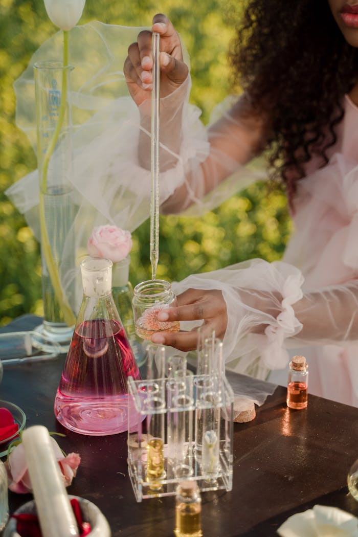 A woman with curly hair mixing perfumes outdoors with glassware and pipette.