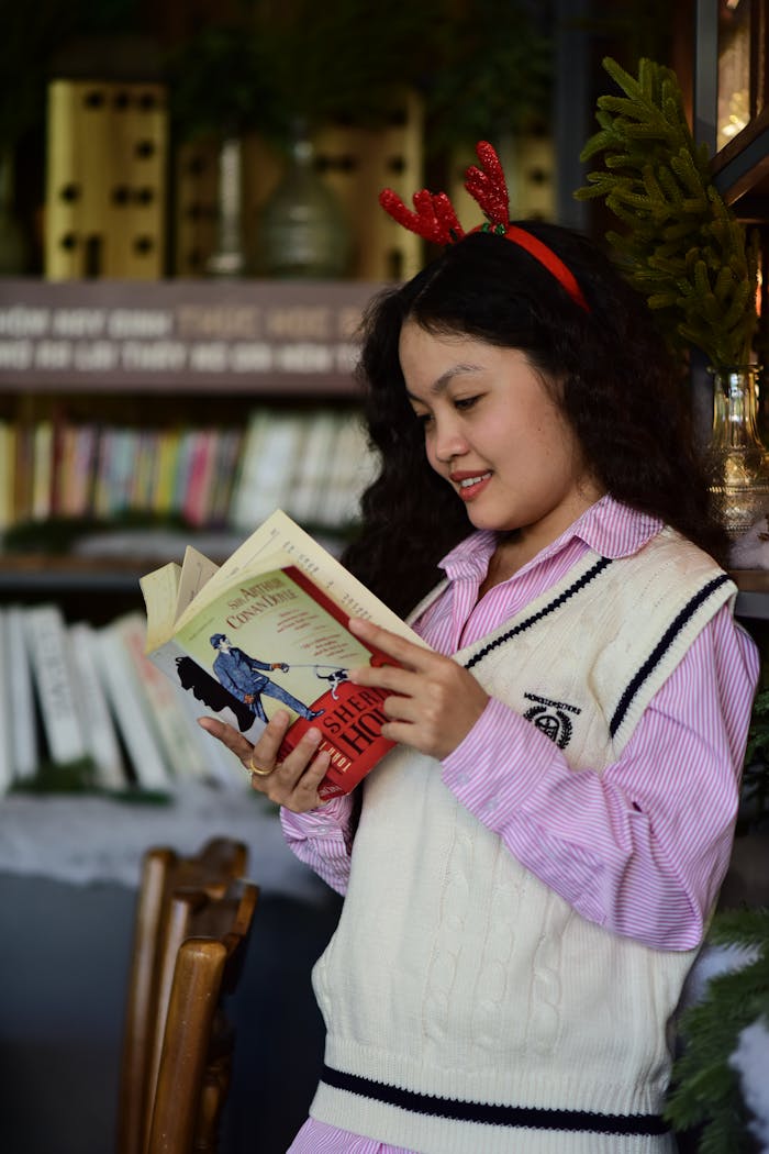 Young woman reading a book indoors with festive decorations, wearing red antlers.